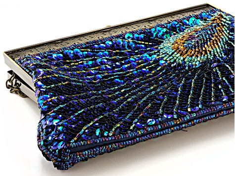 Peacock Color Antique Toned Beaded Clutch