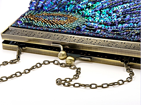 Peacock Color Antique Toned Beaded Clutch