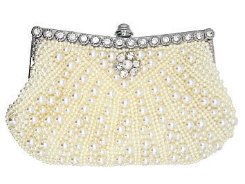 Picture of Pearl Simulant And White Crystal Silver Tone Clutch
