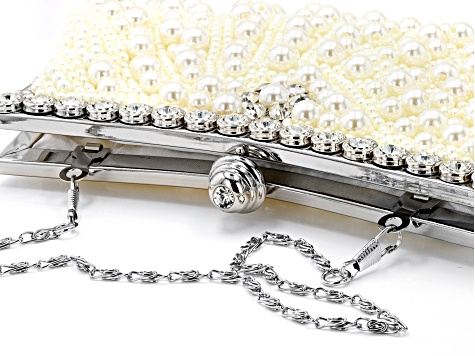 Pearl Simulant And White Crystal Silver Tone Clutch