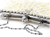 Pearl Simulant And White Crystal Silver Tone Clutch
