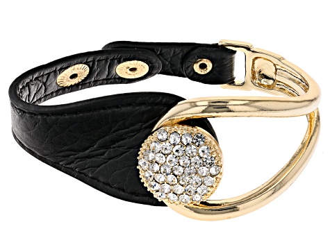 White Crystal and Black Imitation Leather Gold Tone Bracelet