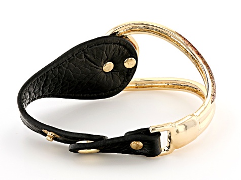White Crystal and Black Imitation Leather Gold Tone Bracelet