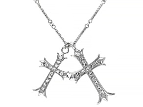 White Crystal Double Cross Silver Tone Necklace