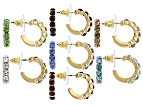 Multi-Color Crystal Gold Tone Set of 7 Huggie Earrings 3mm