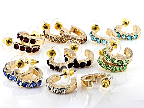 Gold Tone Multi Color Crystal Set of 7 Huggie Earrings