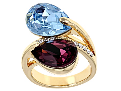 Purple, Blue, and White Crystal Gold Tone Two Stone Bypass Ring