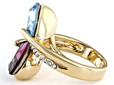 Purple, Blue, and White Crystal Gold Tone Two Stone Bypass Ring