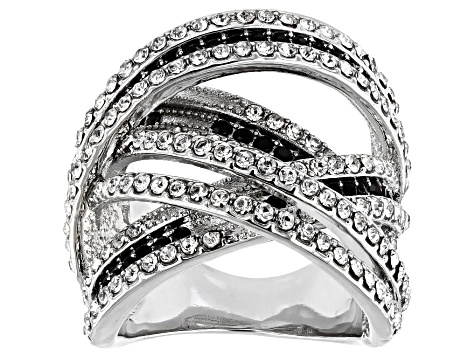 Black and White Crystal, Silver tone Over Brass Crossover Ring