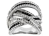 Black and White Crystal, Silver tone Over Brass Crossover Ring