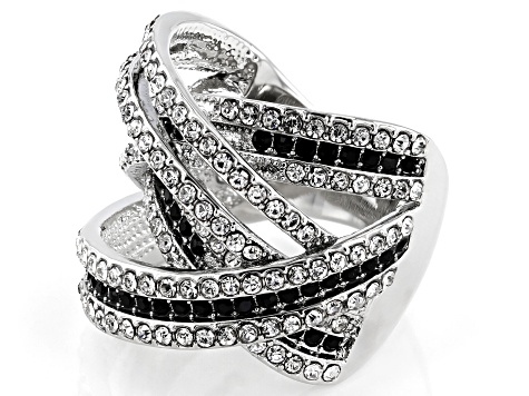 Black and White Crystal, Silver tone Over Brass Crossover Ring