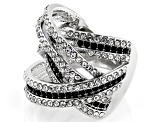 Black and White Crystal, Silver tone Over Brass Crossover Ring