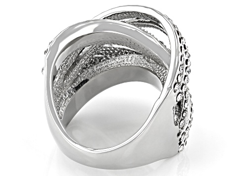 Black and White Crystal, Silver tone Over Brass Crossover Ring