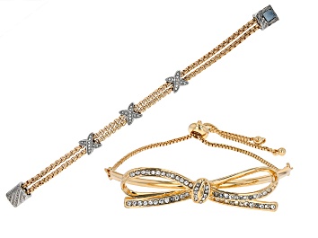 Picture of White Crystal Gold Tone Bow and Two Tone Chain set of 2 Bracelets