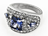 Silver Tone Blue Crystal, Blue Cubic Zirconia, and White Crystal Ring