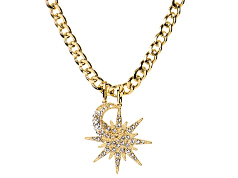 White Crystal Gold Tone Celestial Necklace with Star and Moon Charms