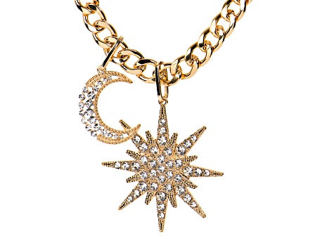 White Crystal Gold Tone Celestial Necklace with Star and Moon Removable Charms