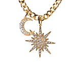 White Crystal Gold Tone Celestial Necklace with Star and Moon Charms