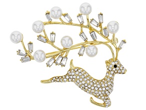 White Crystal with Pearl Simulant Gold Tone Holiday Themed Reindeer Brooch