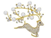 White Crystal with Pearl Simulant Gold Tone Holiday Themed Reindeer Brooch