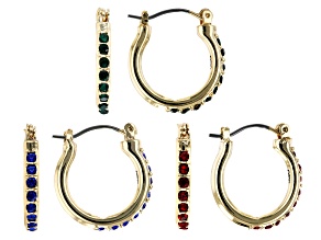 Multi Color Crystal, Gold Tone Set of 3 Hoop Earrings