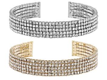 Picture of White Crystal,  Gold Tone and Silver Tone Set of 2 Stretch Cuff Bracelets