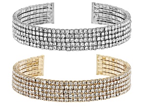 White Crystal,  Gold Tone and Silver Tone Set of 2 Stretch Cuff Bracelets