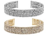 White Crystal,  Gold Tone and Silver Tone Set of 2 Stretch Cuff Bracelets