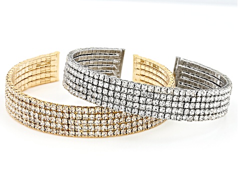 White Crystal, Gold Tone and Silver Tone Set of 2 Stretch Cuff Bracelets