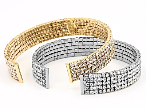 White Crystal, Gold Tone and Silver Tone Set of 2 Stretch Cuff Bracelets