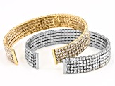 White Crystal,  Gold Tone and Silver Tone Set of 2 Stretch Cuff Bracelets