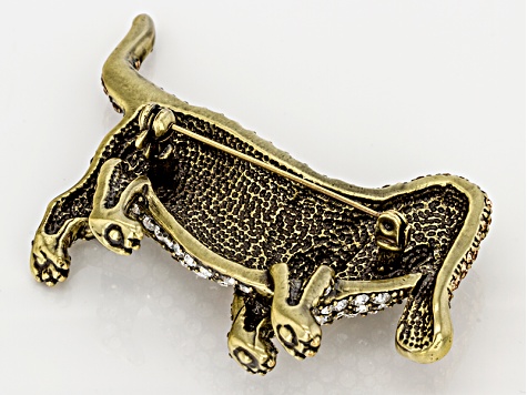 White And Champagne Crystal Antiqued Gold Tone Basset Hound Brooch