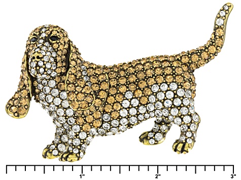 White And Champagne Crystal Antiqued Gold Tone Basset Hound Brooch