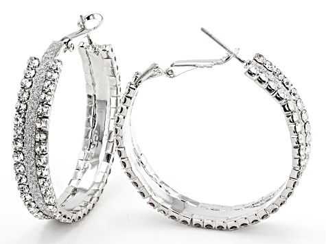 White Crystal, Gold and Silver Tone Set of 2 Hoop Earrings