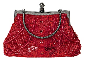 Silver Tone Red Fabric and Red Crystal Clutch