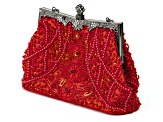 Silver Tone Red Fabric and Red Crystal Clutch