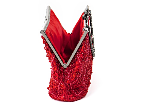 Silver Tone Red Fabric and Red Crystal Clutch