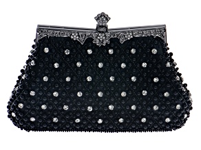 White Crystal and Black Fabric Hematite Tone Clutch
