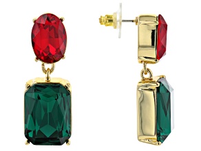 Red and Green Crystal Gold Tone 2-Stone Drop Earrings
