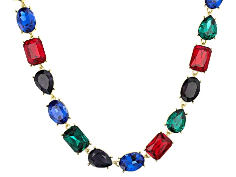 Multi Color Mixed Shape Crystals Gold Tone Station Necklace