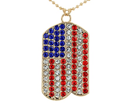 Red, White, and Blue Crystal American Flag Gold Tone Dog Tag Pendant with Chain