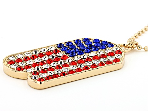 Red, White, and Blue Crystal American Flag Gold Tone Dog Tag Pendant with Chain