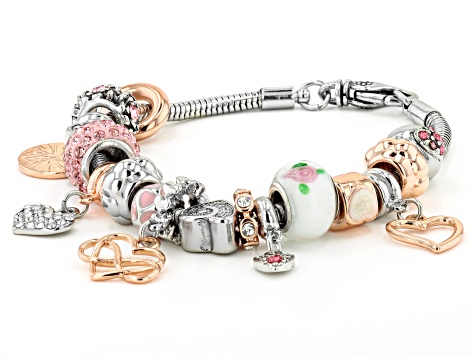 Multi Color Crystal Rose And Silver Tone "Love" Charm Bracelet