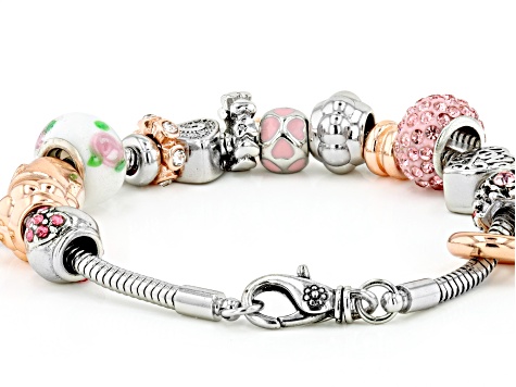 Multi Color Crystal Rose And Silver Tone "Love" Charm Bracelet