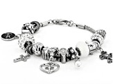 White Enamel and Crystal Silver Tone Cross Charm Bracelet
