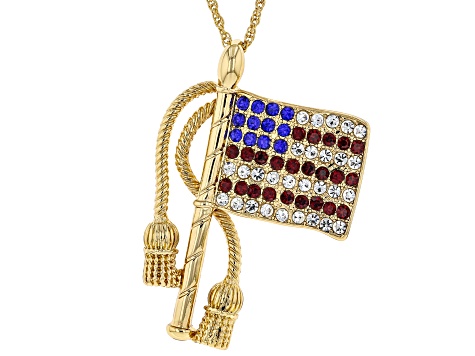 Red, White, and Blue Crystal Gold Tone American Flag Pin/Pendant with Chain