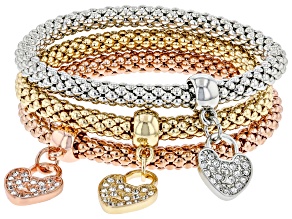 Crystal Tri-Color Heart Charm 6mm Popcorn Chain Stretch Bracelets Set of 3