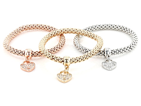 White Crystal Tri-Color Set of 3 Stretch Charm Bracelets