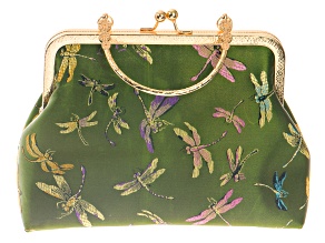 Green Dragonfly Patterned Gold Tone Clutch
