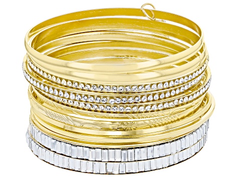 White Crystal Gold Tone Set of 12 Bangle Bracelets